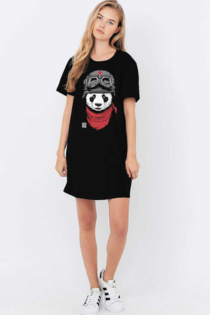 Rock & Roll - Bandanalı Panda Kısa Kollu Penye Kadın | Bayan Siyah T-shirt Elbise