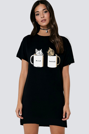 Sütlü Sade Siyah Kısa Kollu Penye Kadın T-shirt Elbise - Thumbnail