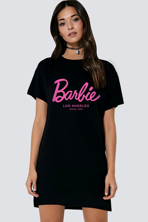 Rock & Roll - Barbie Siyah Kısa Kollu Penye Kadın T-shirt Elbise_Kopya(1)