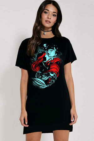 Rock & Roll - Deniz Kızı Kısa Kollu Penye Kadın | Bayan Siyah T-shirt Elbise