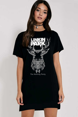 Rock & Roll - Geometrik Geyik Kısa Kollu Penye Kadın | Bayan Siyah T-shirt Elbise