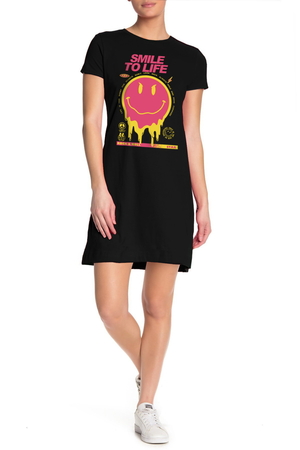 Rock & Roll - Hayata Gülümse Siyah Kısa Kollu Penye Kadın T-shirt Elbise