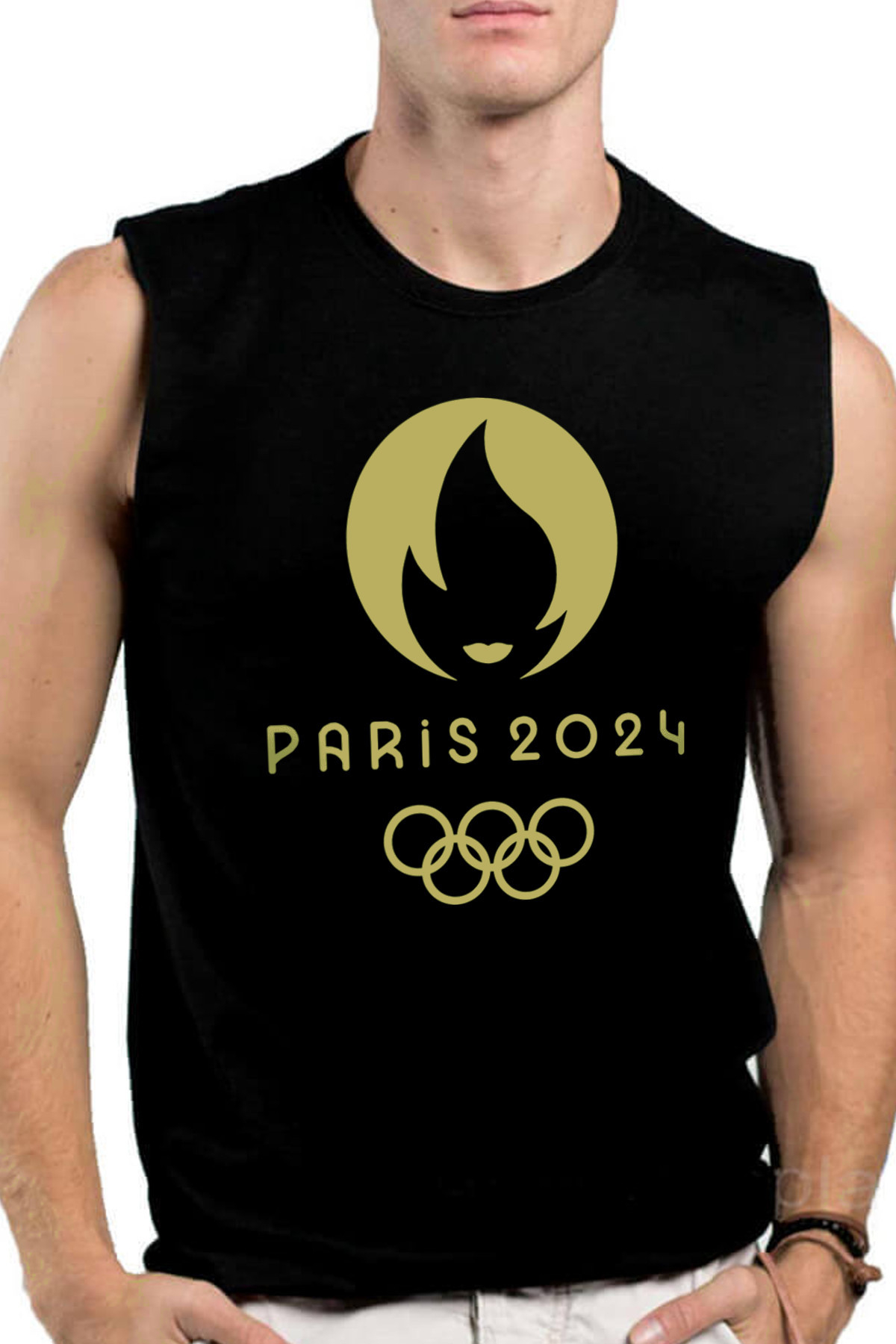 Paris Olimpiyatlar Siyah Kesik Kol | Kolsuz Baskılı Erkek T-shirt_Kopya(1)