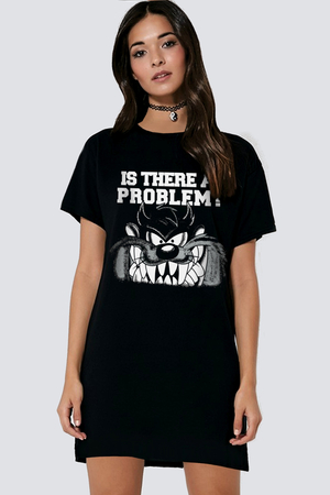 Taz Problem Siyah Kısa Kollu Penye Kadın T-shirt Elbise - Thumbnail