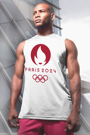 Rock & Roll - Paris Olimpiyatlar Beyaz Kesik Kol Kolsuz Baskılı Erkek T-shirt