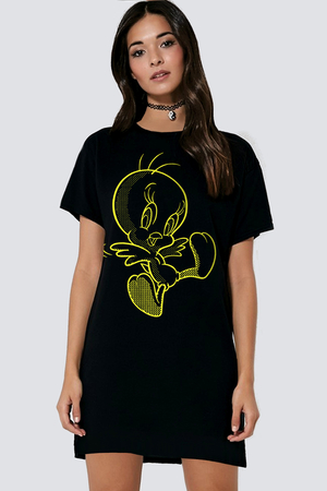 Neşeli Kuş Siyah Kısa Kollu Penye Kadın T-shirt Elbise - Thumbnail